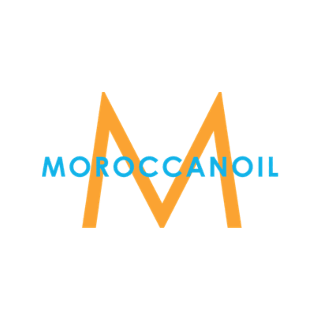 Moroccanoil logo with a large orange "M" and blue text overlay on a green background.