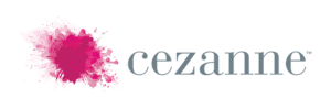 Logo of Cezanne with a pink splash resembling paint behind the text.