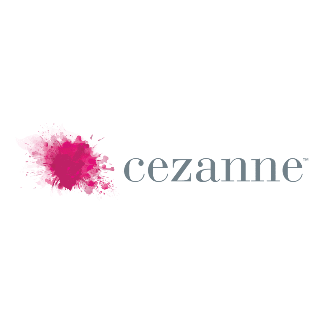 Pink paint splash next to "cezanne" text on a green background.