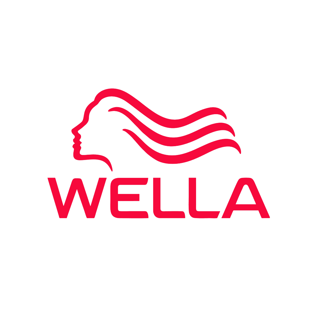 Wella logo featuring a red silhouette of a woman with flowing hair and the word "Wella" below.