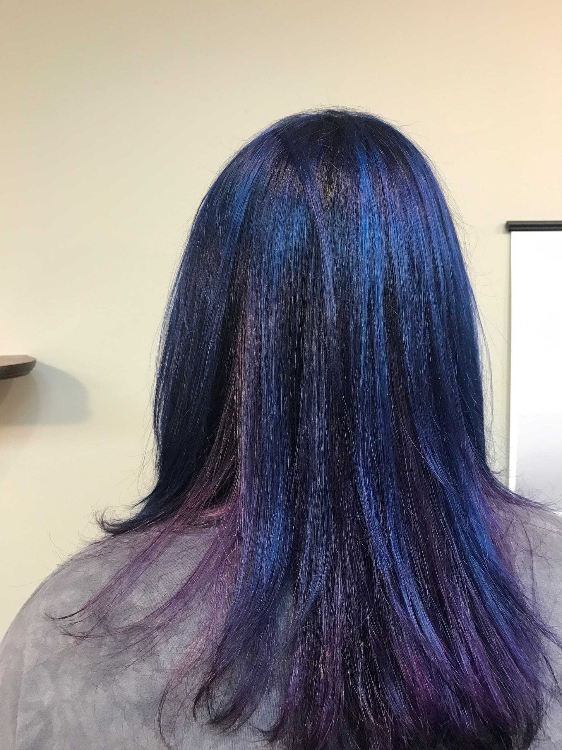 Blue and purple dyed hair, straight and glossy, shown from the back.