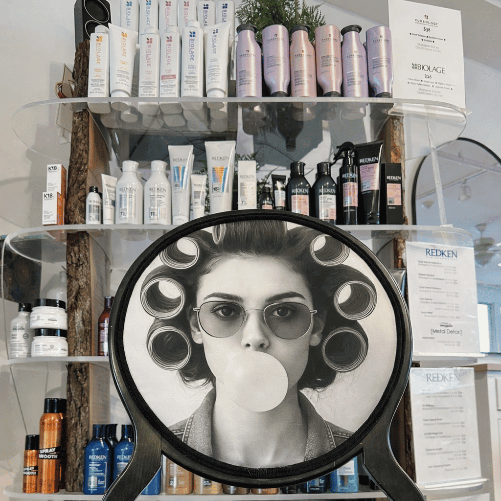 Salon shelf with hair products and a chair featuring a woman with curlers and blowing bubblegum.